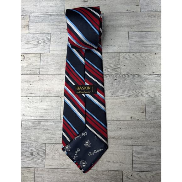 Oleg Cassini Vintage Red White Blue Repp Striped Necktie Diagonal Tie 58" x 4" - Picture 3 of 4